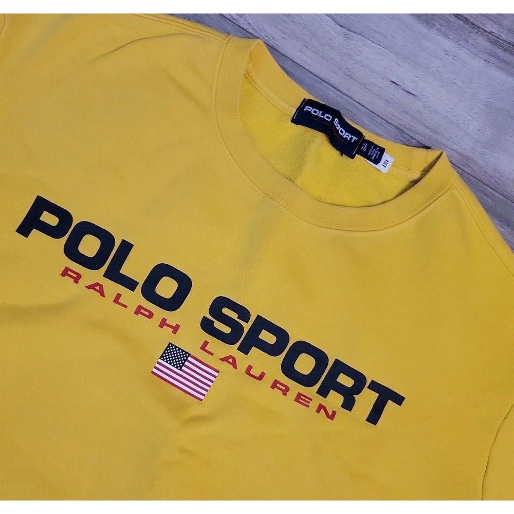 Vintage 1990s Polo Sport Ralph Lauren Sweatshirt XL Yellow USA Flag Spell Out